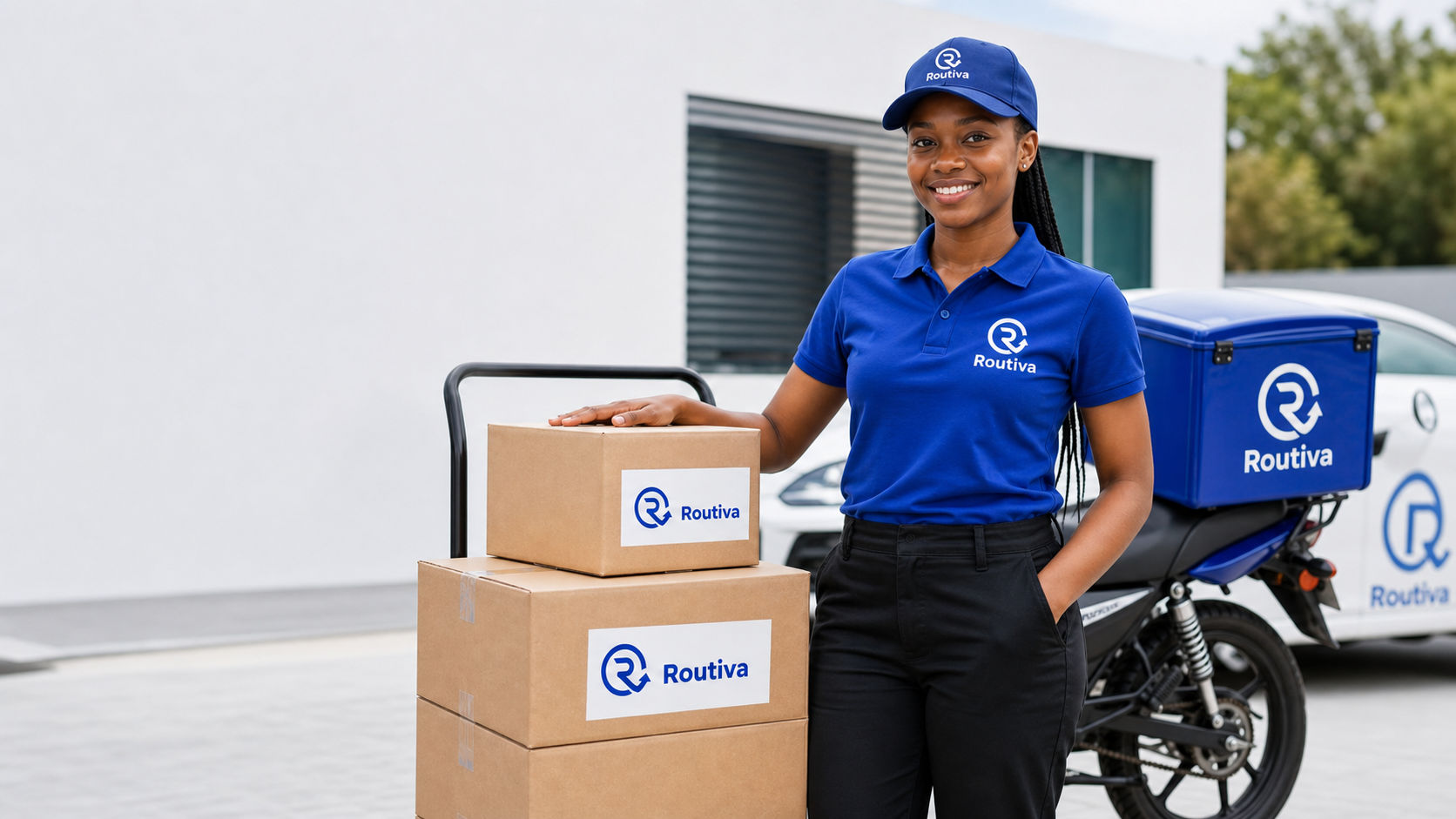 Routiva branded courier beside parcels and delivery bike